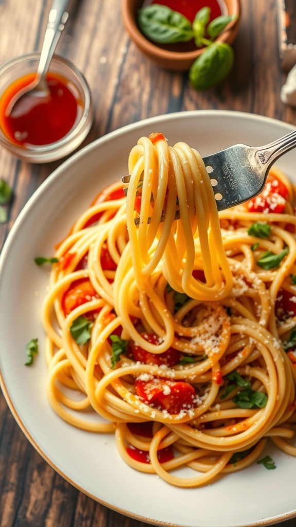 Homemade Noodles Recipe A plate of homemade noodles garnished with herbs and cheese on a rustic table.